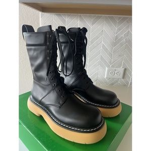 *NEVER WORN*  Bottega Veneta Black Biker Boots Leather w/ Yelllow Sole